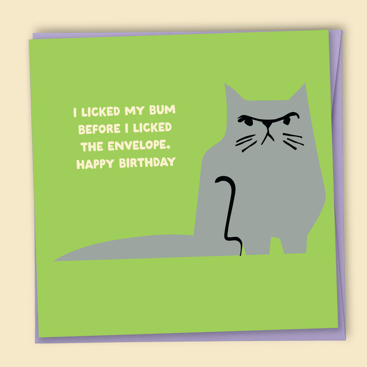 Birthday card with a cat illustration and the text "I licked my bum before I licked the envelope. Happy Birthday" — Australian-made greeting card by Papernest