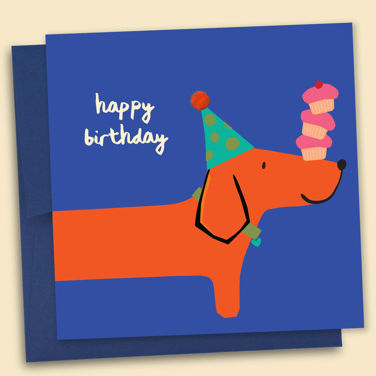 Illustrated dachshund birthday card with pom pom detail by Katarina Berg reading 'Happy birthday' — Australian-made greeting card by Papernest