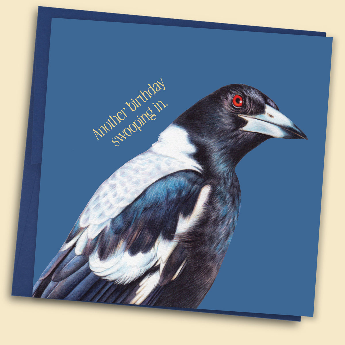 Birthday card with a magpie illustration and text on a blue background - Australian-made greeting card by Papernest