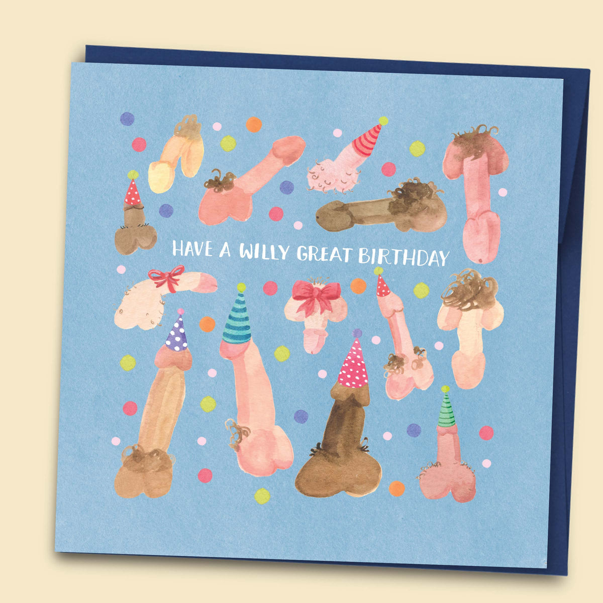 Funny cheeky birthday card with watercolour illustrations of diverse penises in all shapes and sizes wearing party hats and bows reading Have a Willy Great Birthday with navy envelope