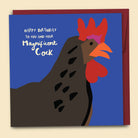 A birthday card with a colorful illustration of a chicken on a blue background, with text that reads 'Happy Birthday to you and your Magnificent Cock'  — Australian-made greeting card by Papernest