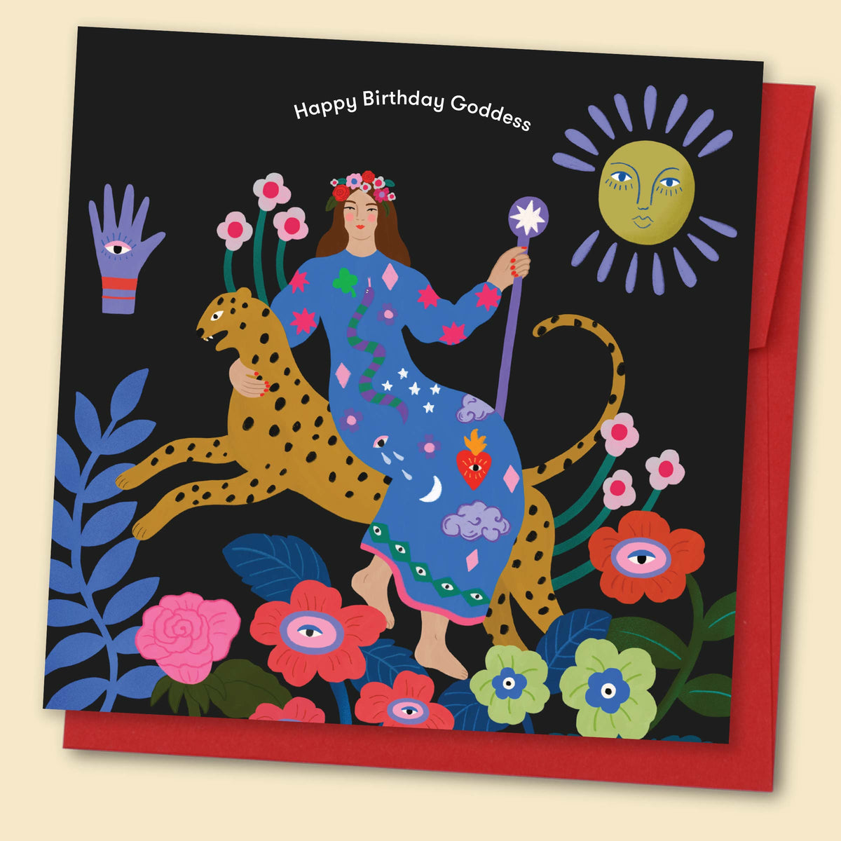 An illustrated greeting card by Constanza Goeppinger featuring a stylised image of a woman sitting on a cheetah surrounded by colourful flowers and abstract images with the words 'Happy Birthday Goddess'. Australian-made greeting card by Papernest.