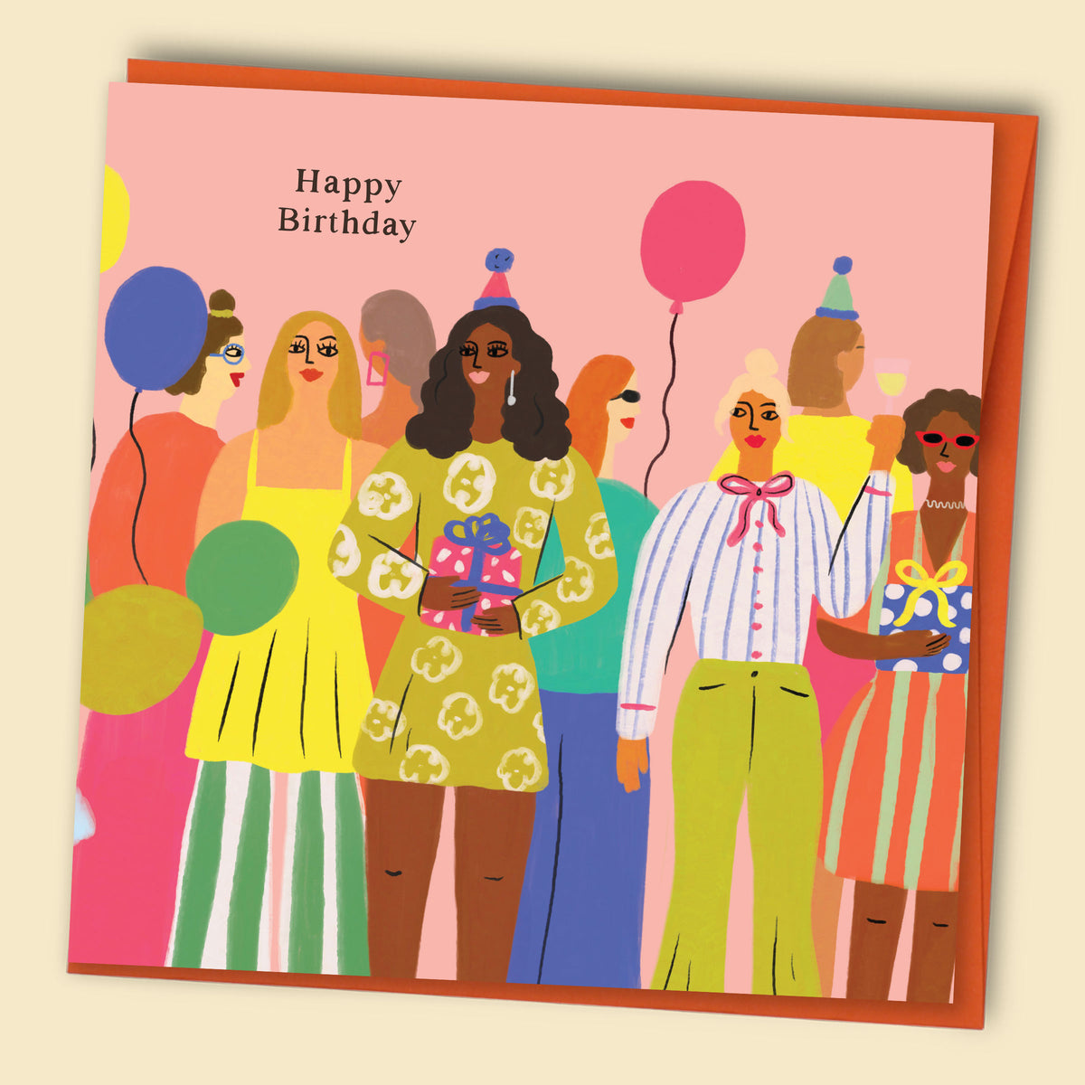 An illustrated greeting card by Constanza Goeppinger featuring a group of stylish women having a party  'Happy Birthday'. Australian-made greeting card by Papernest.
