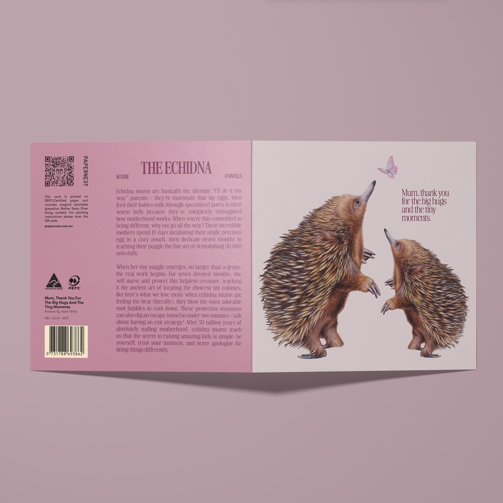 Greeting card with echidna Mum and puggle looking at a butterfly illustrations. Card reads, Mum, thank you for the big hugs and the tiny moments.
