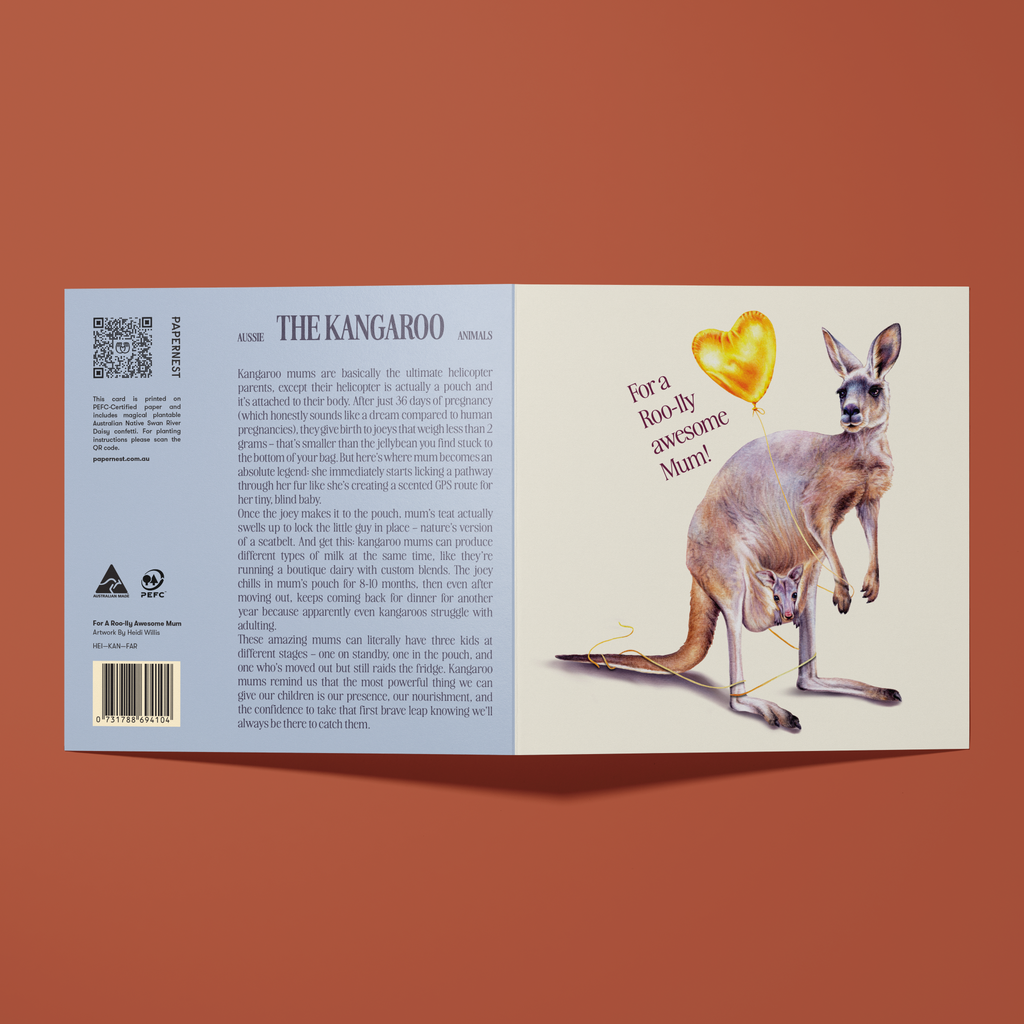 Greeting card with a kangaroo with a joey in her pouch holding a yellow heart shaped foil balloon illustration. With a greeting reading "For a Roo-lly Awesome Mum"
