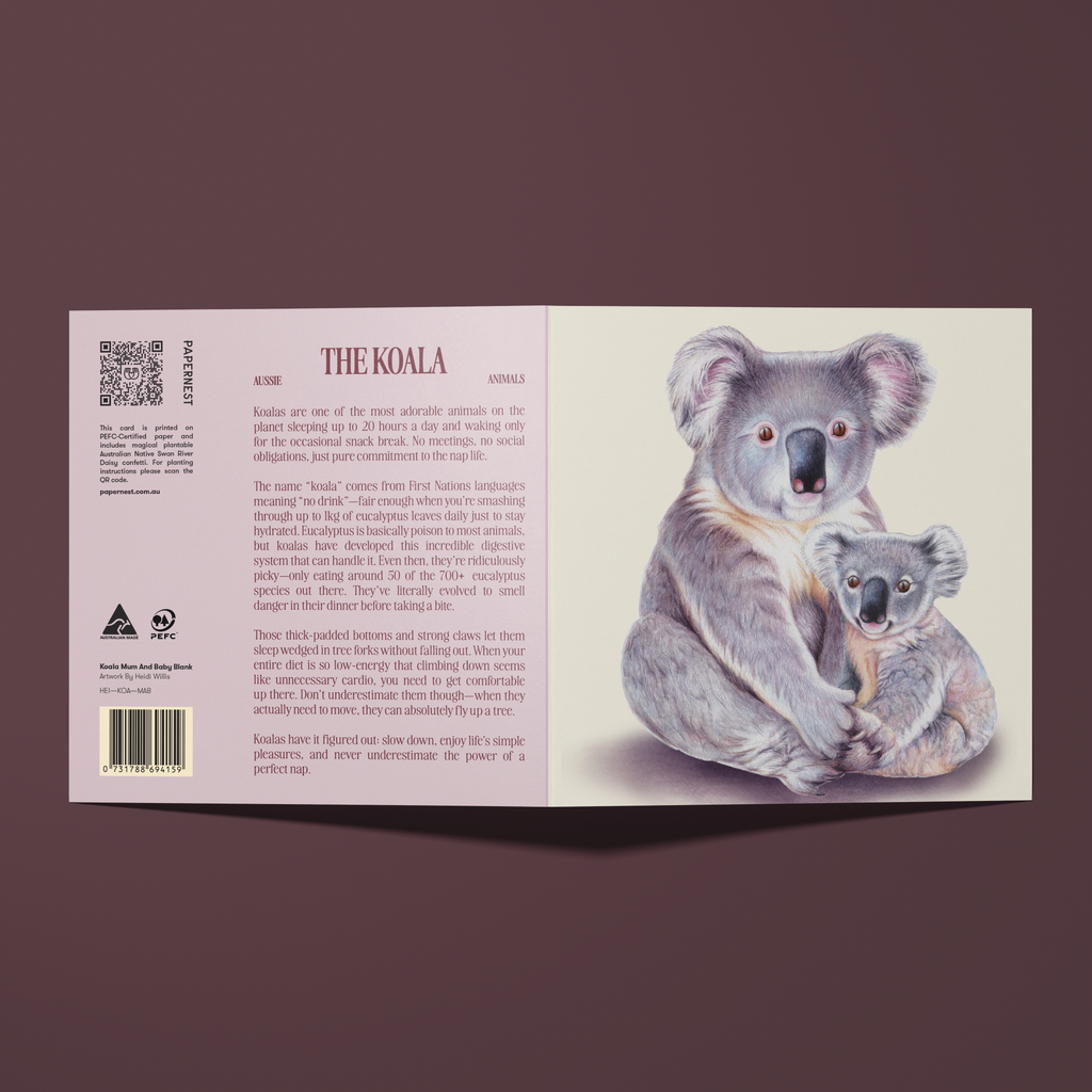 Greeting card with an illustration of a koala and her baby on a purple background.
