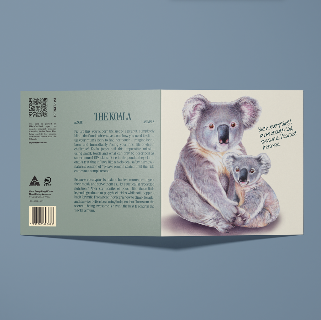 Greeting card with an illustration of a Mother koala and baby. Card reads, "Everything I know about being awesome I learned from you".
