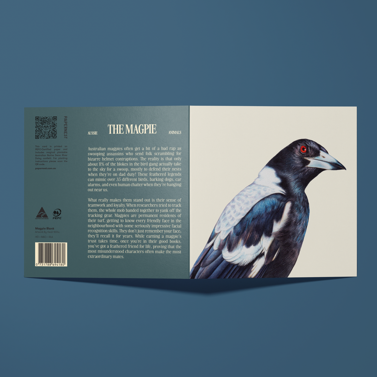 Greeting card with a watercolour illustration of a Magpie by Heidi Williss.