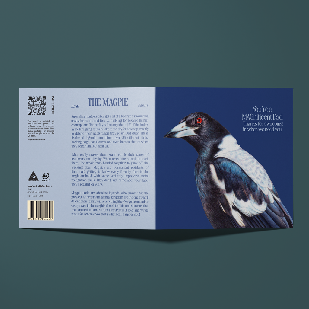 Greeting card with a magpie illustration, reading "You're A Mag-nificent Dad"