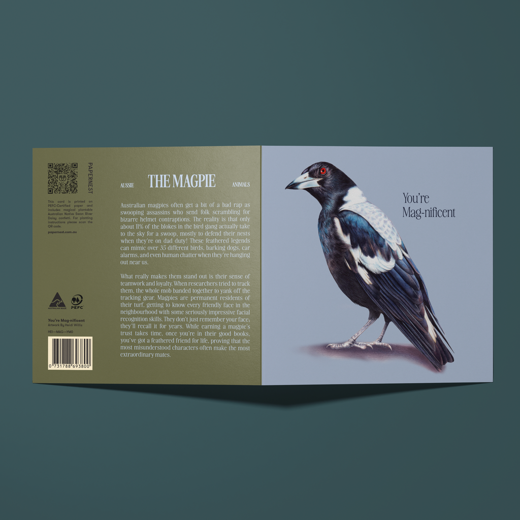 Greeting card featuring a watercolour illustration of a Magpie reading "You're Mag-nificent", with facts about the Magpie on the back of the card.