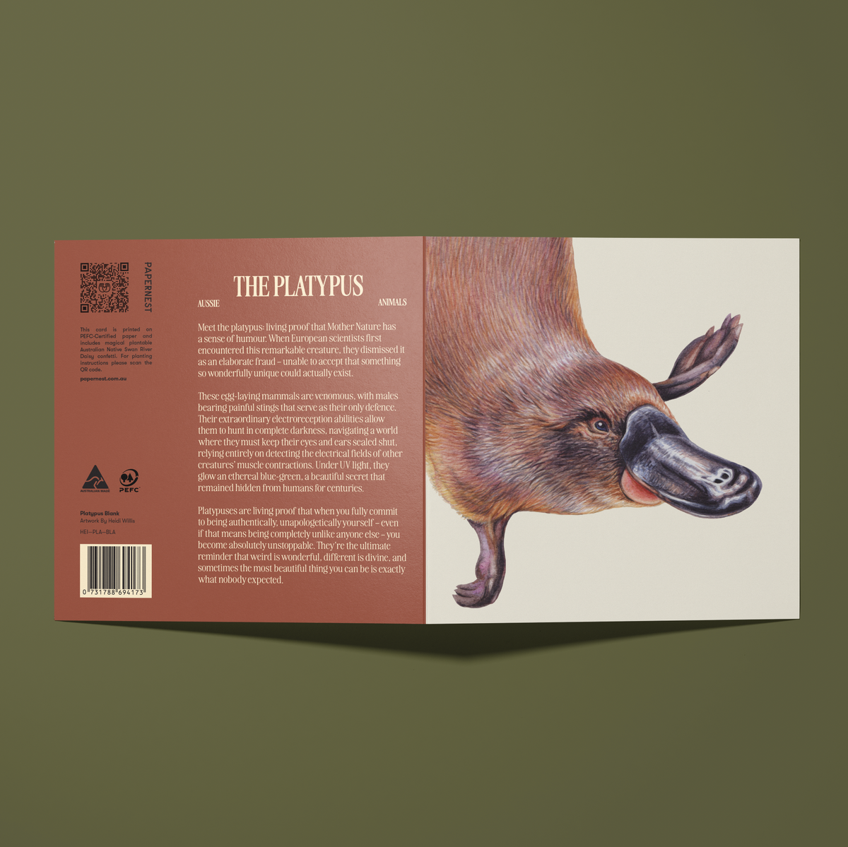 Greeting card with a watercolour illustration of a platypus  by Heidi Willis.

