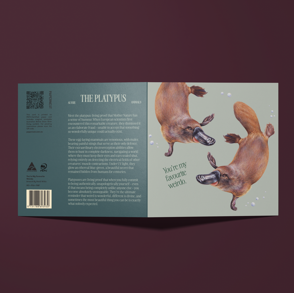 Greeting card with an illustration of two platypuses. Greeting says, "You're my favourite weirdo"