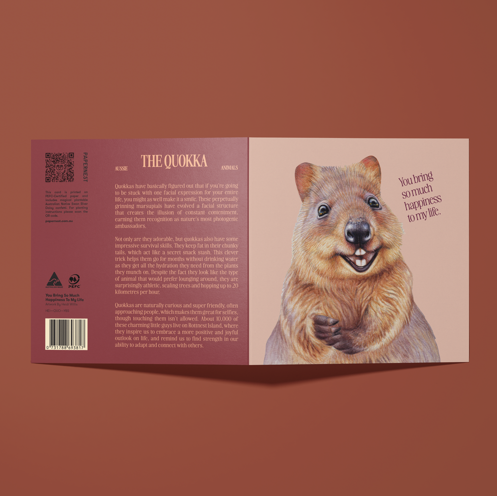 Greeting Card with a quokka illustration on a peach background. Greeting reads "You bring so much happiness to my life". Fun facts about the Quokka on the back of the card.