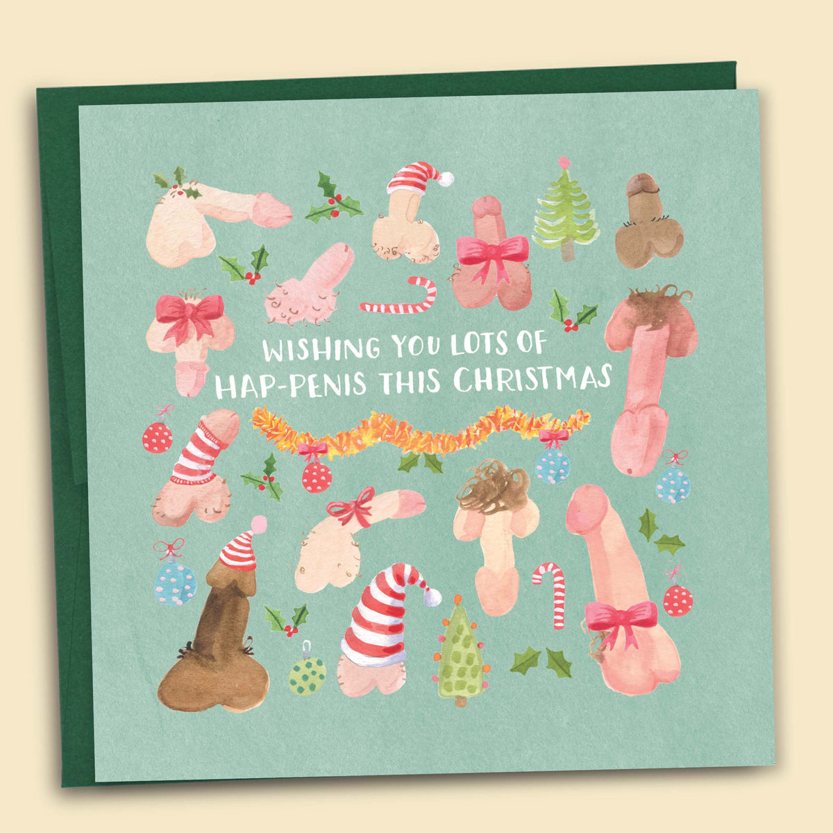 Funny cheeky Christmas card with watercolour illustrations of diverse penises in all shapes and sizes wearing Santa hats, tinsel, and festive bows reading Wishing You Lots of Hap-Penis at Christmas with festive envelope