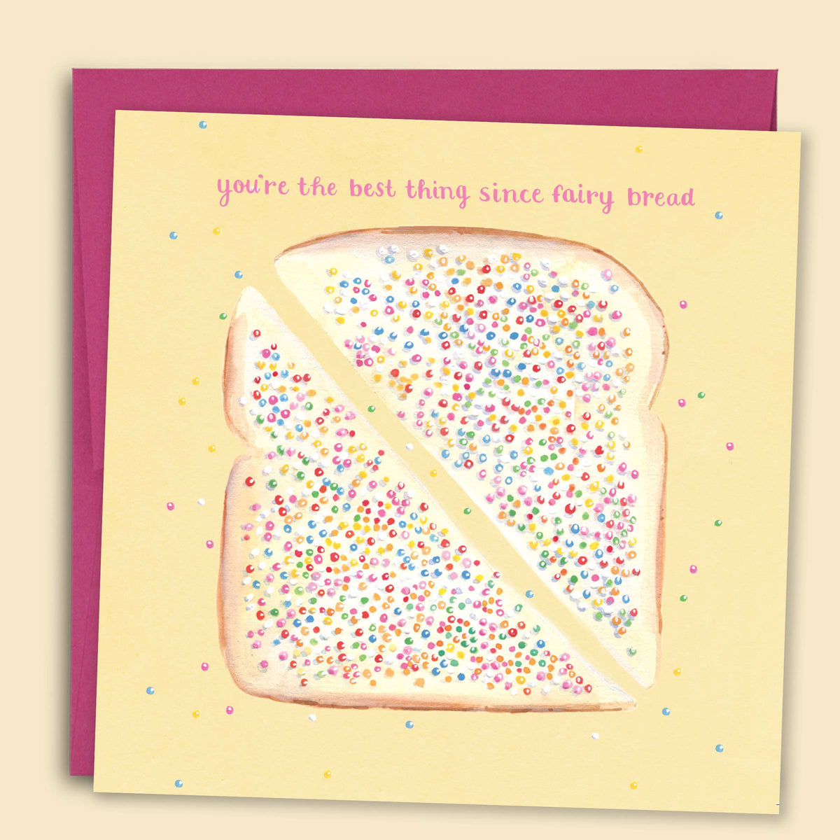 Funny Australian friendship card with watercolour fairy bread covered in hundreds and thousands hand-finished with pastel pearls reading You're the Best Thing Since Fairy Bread with pink envelope